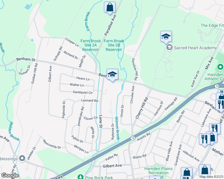 map of restaurants, bars, coffee shops, grocery stores, and more near 315 Lane Street in Hamden