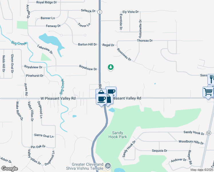 map of restaurants, bars, coffee shops, grocery stores, and more near 7377 Ridge Road in Parma