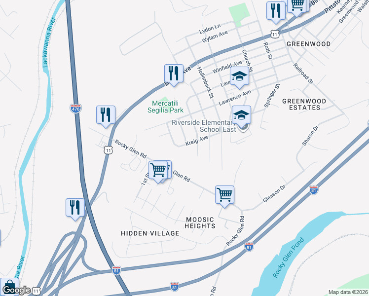 map of restaurants, bars, coffee shops, grocery stores, and more near 4107 Kreig Avenue in Moosic