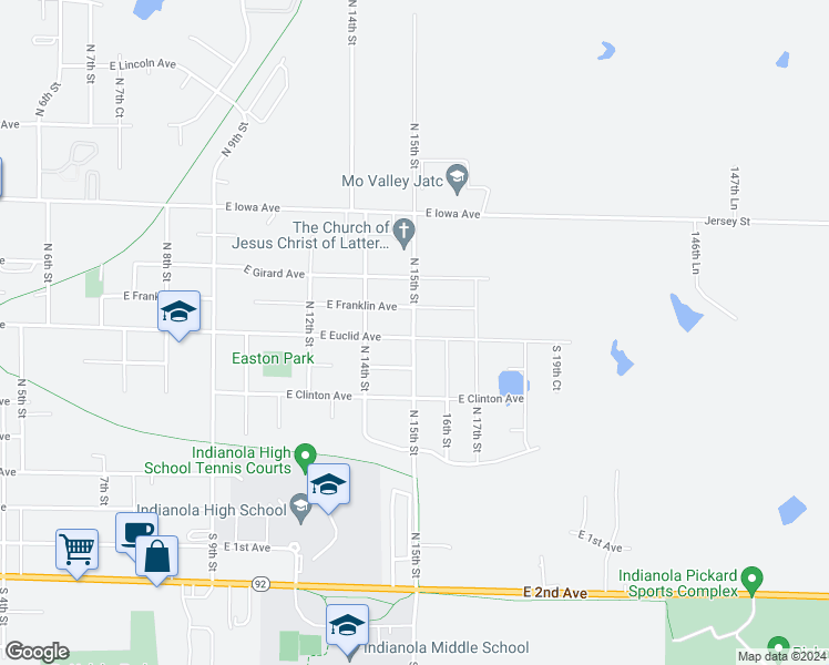 map of restaurants, bars, coffee shops, grocery stores, and more near 616 North 15th Street in Indianola