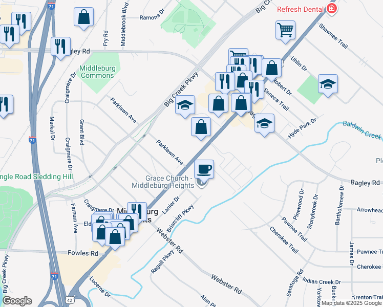 map of restaurants, bars, coffee shops, grocery stores, and more near 7366 Pearl Road in Middleburg Heights