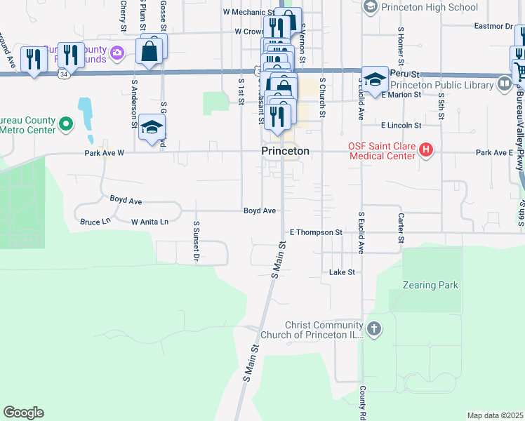 map of restaurants, bars, coffee shops, grocery stores, and more near 903 South Pleasant Street in Princeton