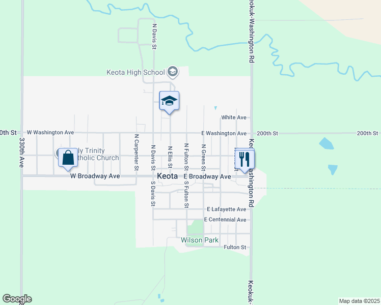 map of restaurants, bars, coffee shops, grocery stores, and more near 301 East Keokuk Avenue in Keota
