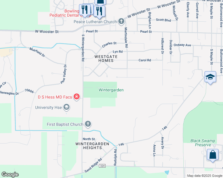 map of restaurants, bars, coffee shops, grocery stores, and more near 615 South Wintergarden Road in Bowling Green