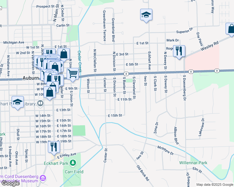 map of restaurants, bars, coffee shops, grocery stores, and more near 214 South Division Street in Auburn