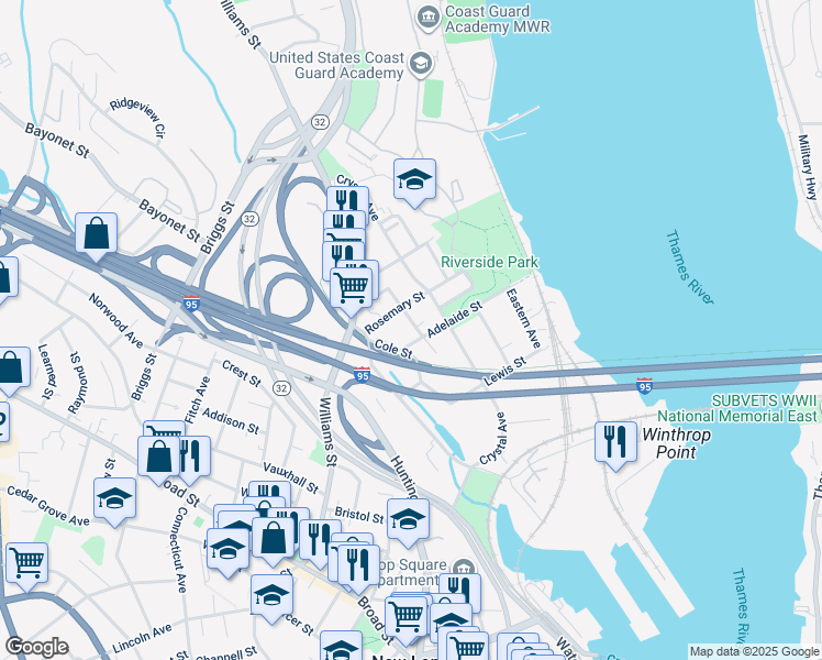 map of restaurants, bars, coffee shops, grocery stores, and more near 19 Terrace Avenue in New London