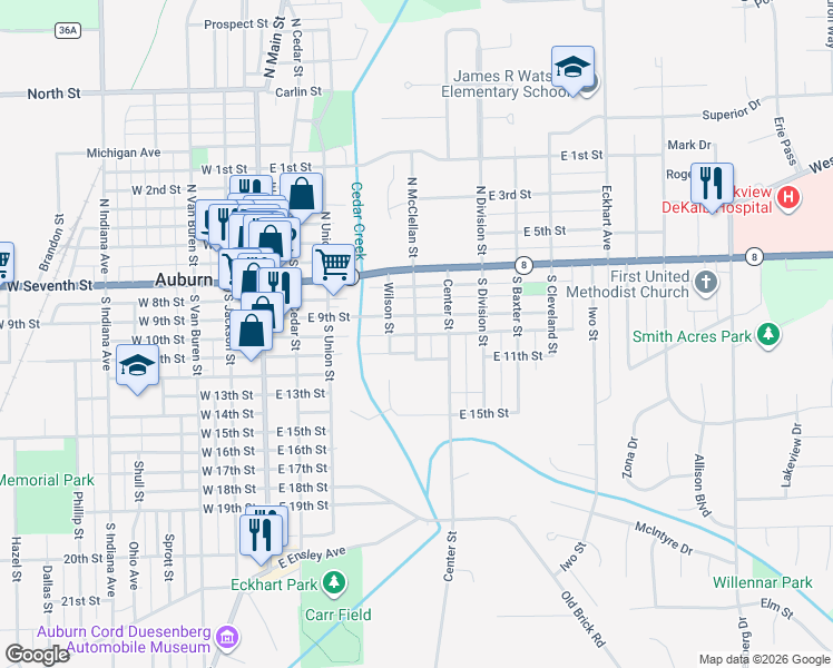 map of restaurants, bars, coffee shops, grocery stores, and more near 219 S McClellan St in Auburn