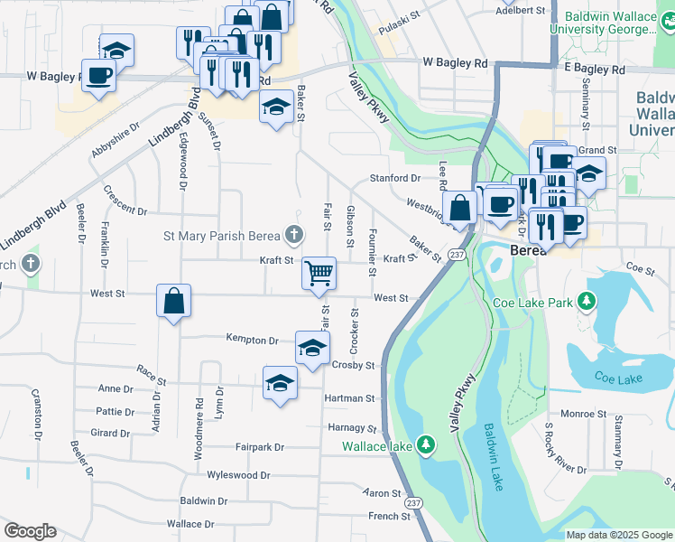 map of restaurants, bars, coffee shops, grocery stores, and more near 195 Kraft Street in Berea