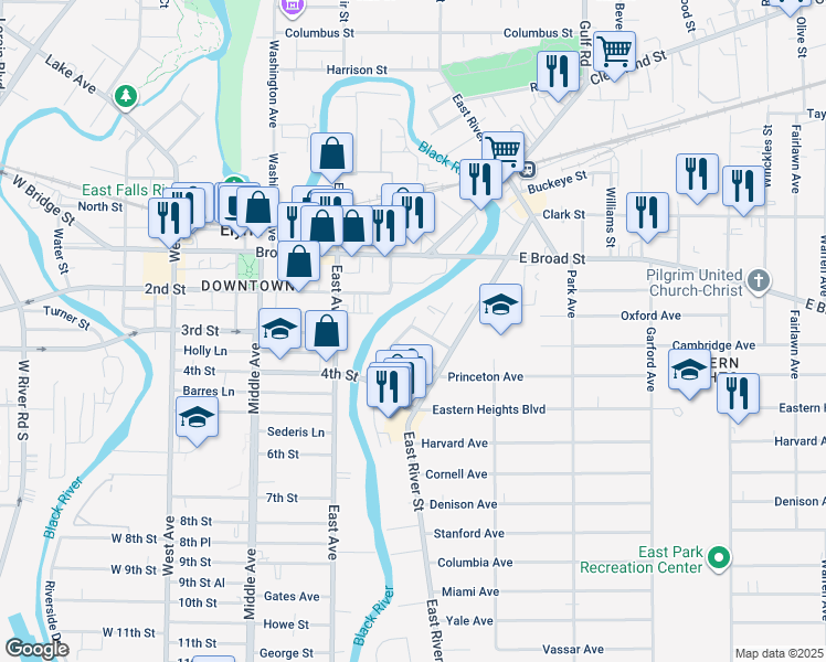 map of restaurants, bars, coffee shops, grocery stores, and more near 315 Blaine Street in Elyria