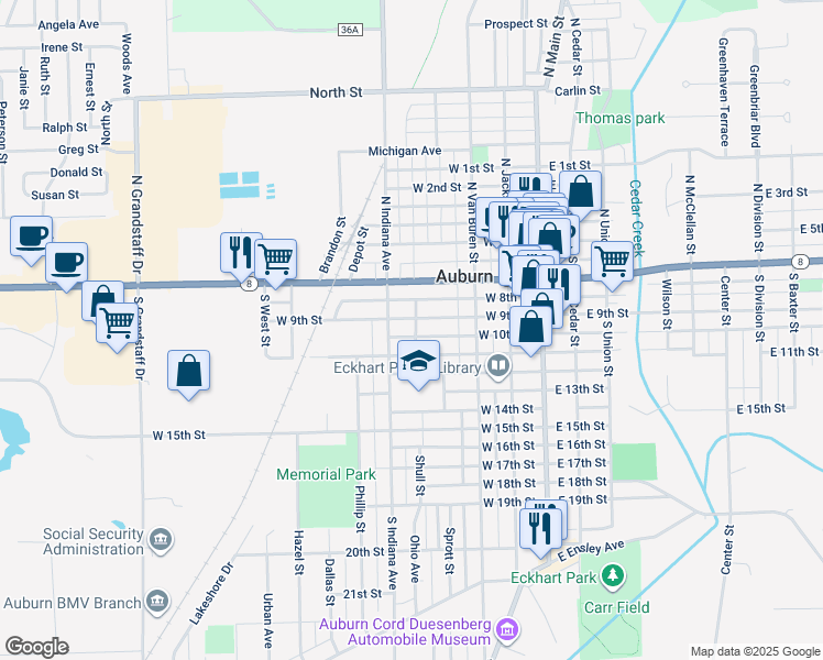map of restaurants, bars, coffee shops, grocery stores, and more near 339 West 9th Street in Auburn