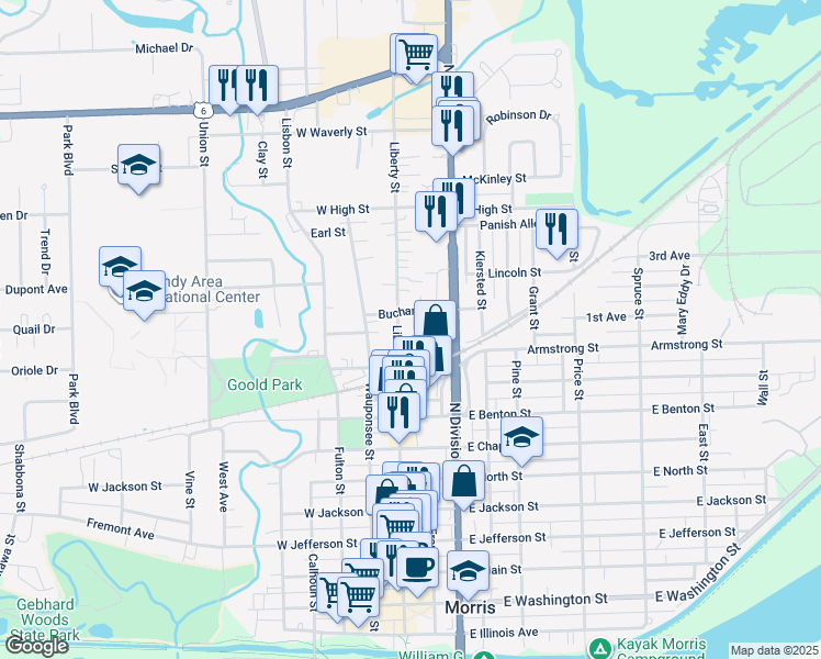 map of restaurants, bars, coffee shops, grocery stores, and more near 115 Buchanan Street in Morris