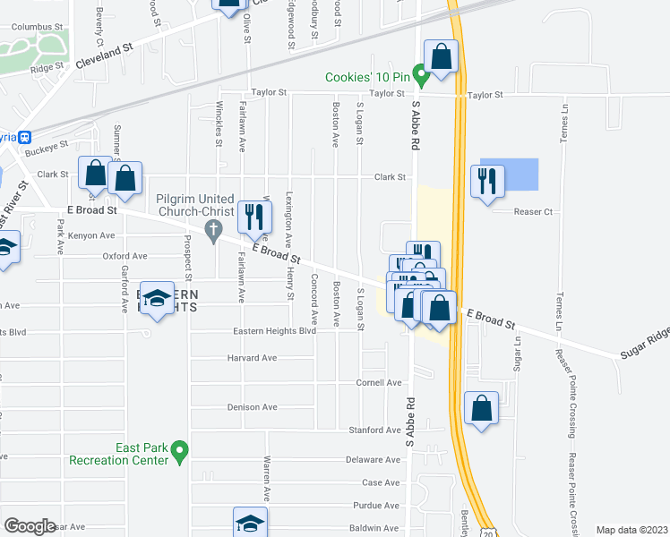 map of restaurants, bars, coffee shops, grocery stores, and more near 298 Boston Avenue in Elyria