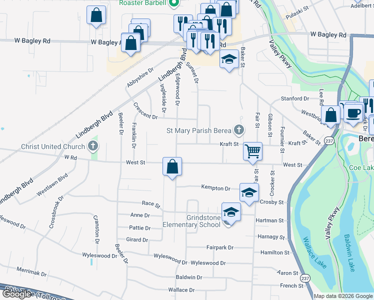 map of restaurants, bars, coffee shops, grocery stores, and more near 355 Kraft St in Berea