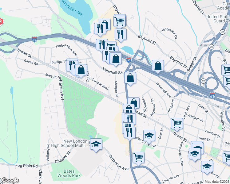 map of restaurants, bars, coffee shops, grocery stores, and more near 30 Morgan Street in New London