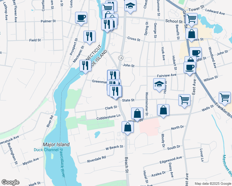 map of restaurants, bars, coffee shops, grocery stores, and more near 53 Beach Street in Westerly