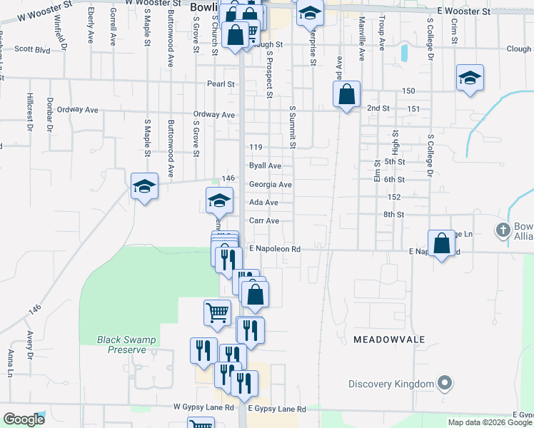 map of restaurants, bars, coffee shops, grocery stores, and more near 646 South Prospect Street in Bowling Green