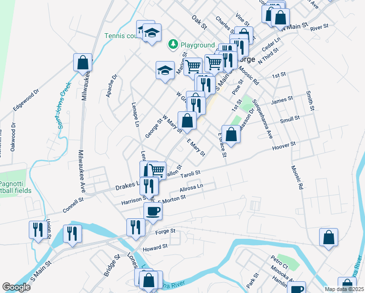 map of restaurants, bars, coffee shops, grocery stores, and more near 620 South Main Street in Old Forge