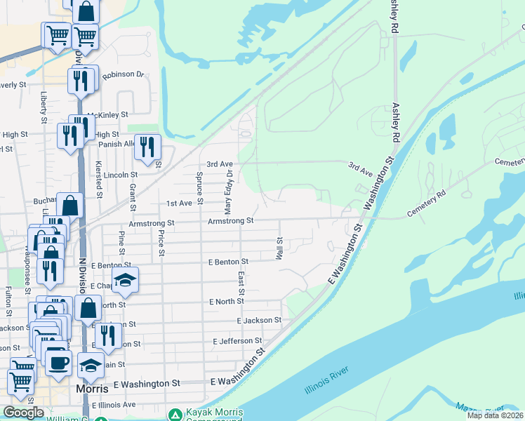 map of restaurants, bars, coffee shops, grocery stores, and more near 922 Armstrong Street in Morris