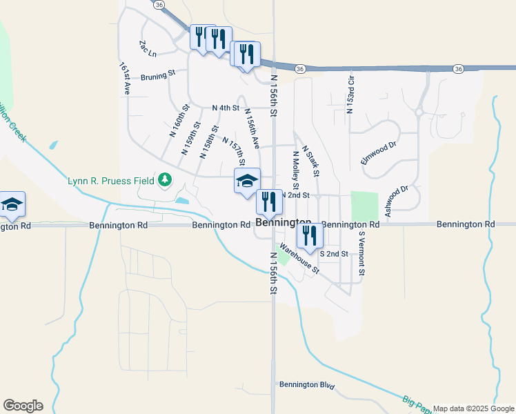 map of restaurants, bars, coffee shops, grocery stores, and more near 11620 North 156th Street in Bennington