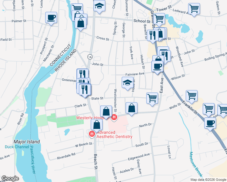 map of restaurants, bars, coffee shops, grocery stores, and more near 61 Westminster Street in Westerly