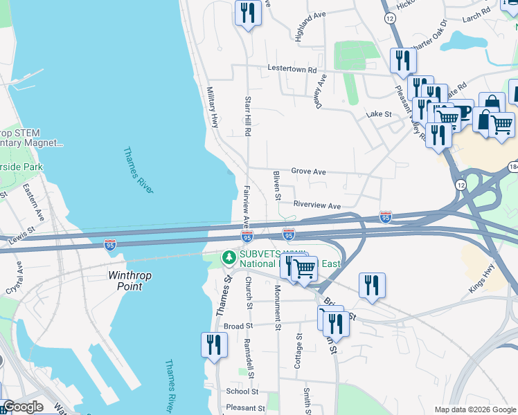map of restaurants, bars, coffee shops, grocery stores, and more near 69 Fairview Avenue in Groton