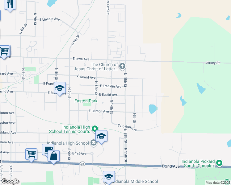 map of restaurants, bars, coffee shops, grocery stores, and more near 600 North 14th Street in Indianola
