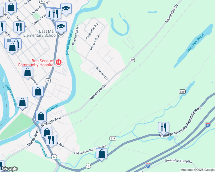 map of restaurants, bars, coffee shops, grocery stores, and more near 46 Neversink Drive in Port Jervis
