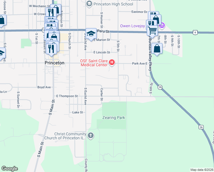 map of restaurants, bars, coffee shops, grocery stores, and more near 515 East Billings Street in Princeton