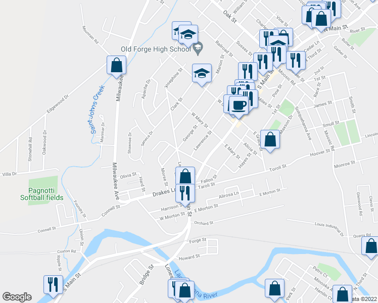 map of restaurants, bars, coffee shops, grocery stores, and more near 131 Henderson St in Old Forge