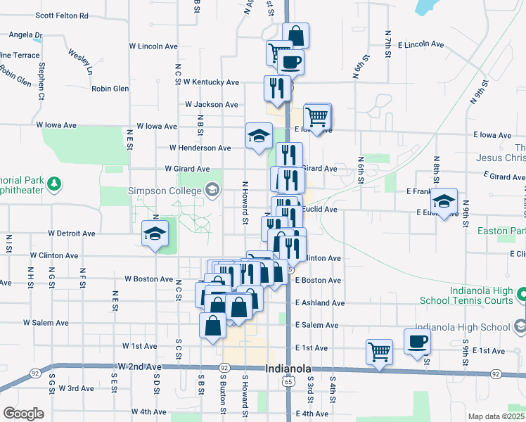 map of restaurants, bars, coffee shops, grocery stores, and more near 513 North 1st Street in Indianola