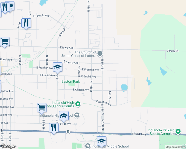 map of restaurants, bars, coffee shops, grocery stores, and more near 600 North 14th Street in Indianola