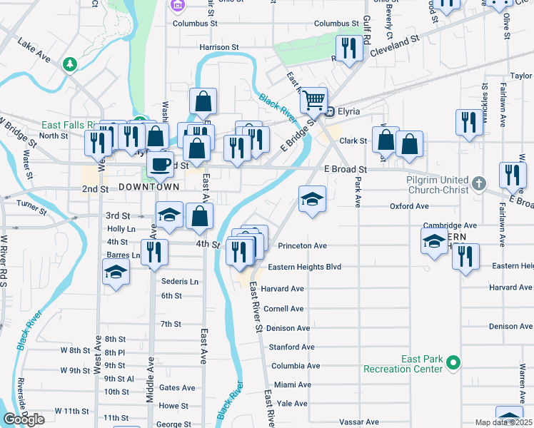 map of restaurants, bars, coffee shops, grocery stores, and more near 315 Blaine Street in Elyria
