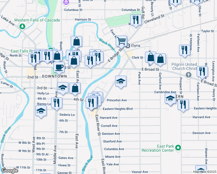 map of restaurants, bars, coffee shops, grocery stores, and more near 673 East River Street in Elyria
