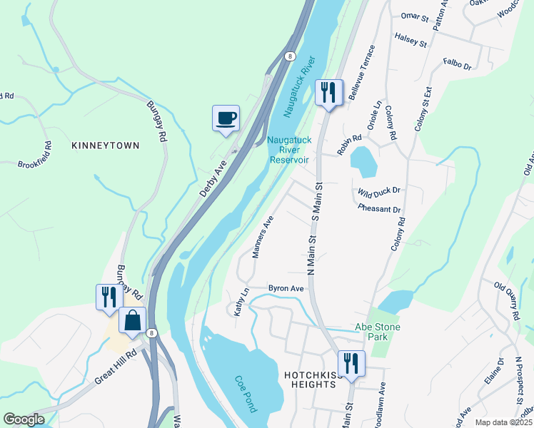 map of restaurants, bars, coffee shops, grocery stores, and more near 24 Manners Avenue in Seymour