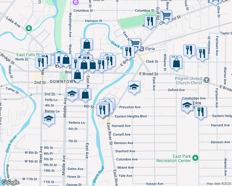 map of restaurants, bars, coffee shops, grocery stores, and more near 673 East River Street in Elyria