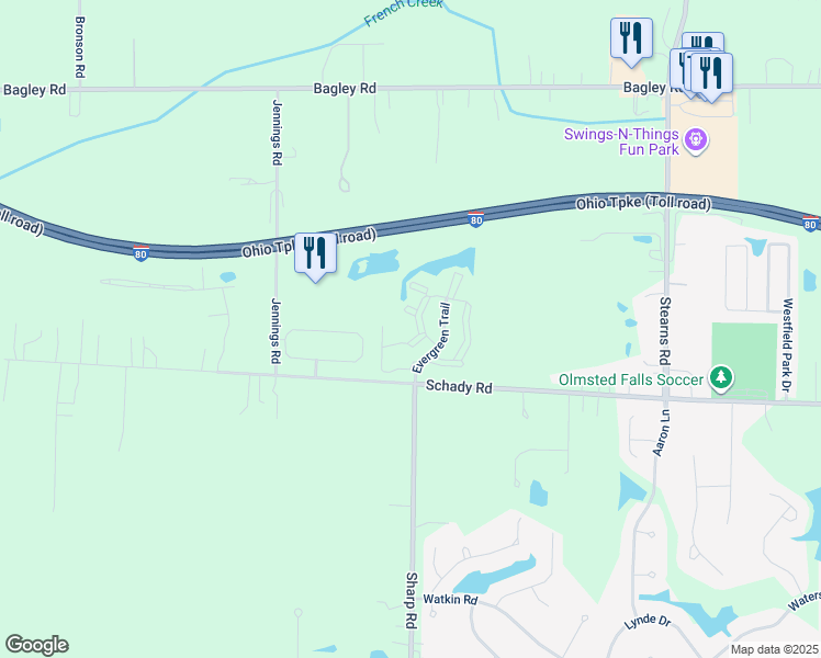 map of restaurants, bars, coffee shops, grocery stores, and more near 8560 Evergreen Trail in Olmsted Falls
