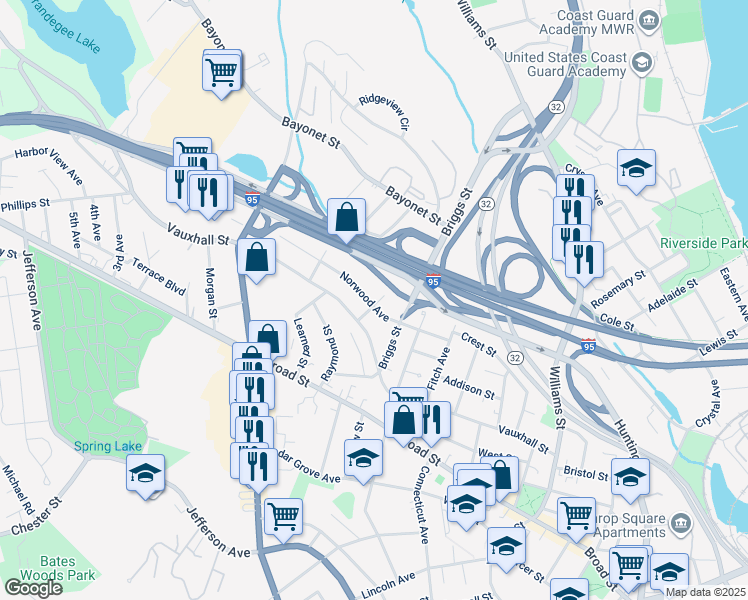 map of restaurants, bars, coffee shops, grocery stores, and more near 83 Norwood Avenue in New London