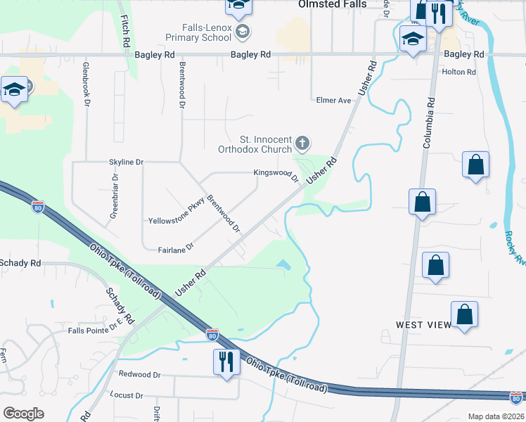 map of restaurants, bars, coffee shops, grocery stores, and more near 8564 Usher Road in Olmsted Falls
