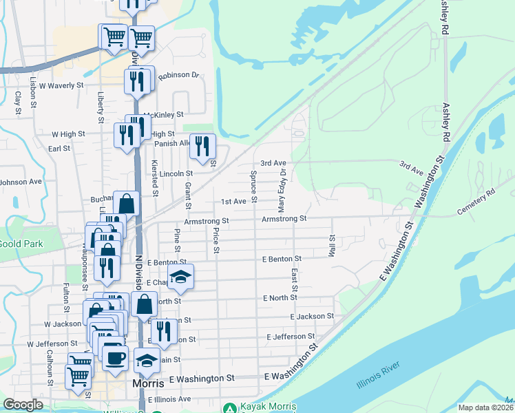 map of restaurants, bars, coffee shops, grocery stores, and more near 1019 Spruce Street in Morris