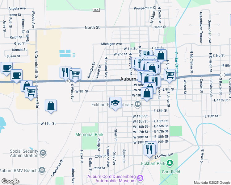 map of restaurants, bars, coffee shops, grocery stores, and more near 339 West 9th Street in Auburn