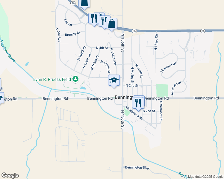 map of restaurants, bars, coffee shops, grocery stores, and more near 11620 North 156th Street in Bennington