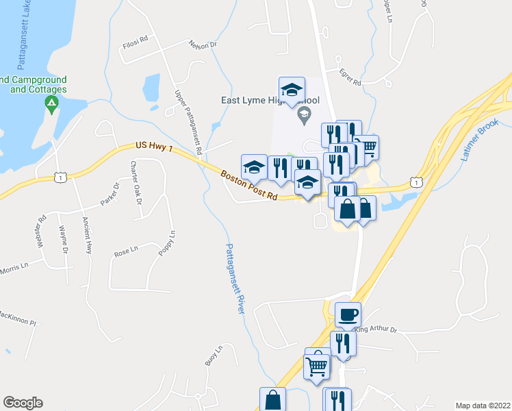 map of restaurants, bars, coffee shops, grocery stores, and more near 10 Church Lane in East Lyme