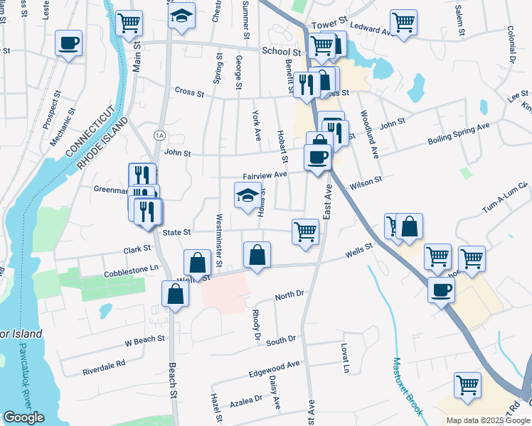map of restaurants, bars, coffee shops, grocery stores, and more near 20 Hollis St in Westerly