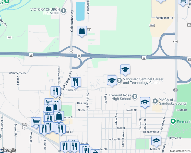 map of restaurants, bars, coffee shops, grocery stores, and more near Vanguard Place in Fremont