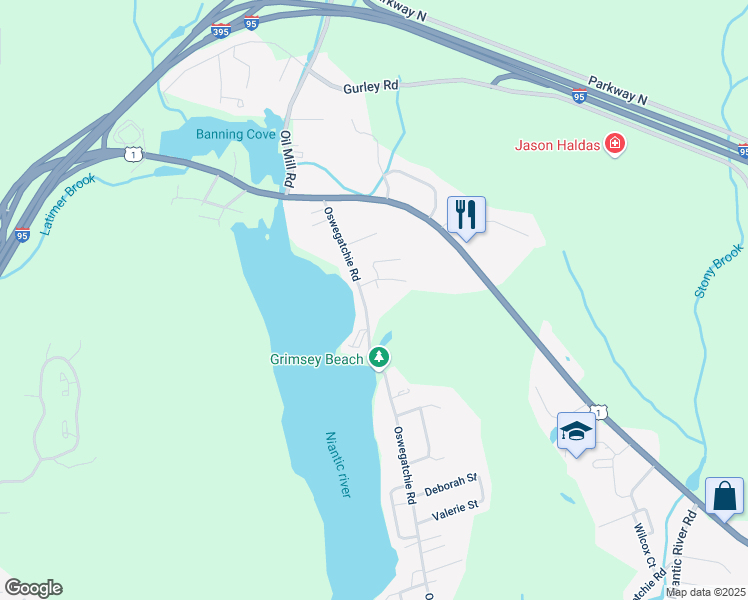 map of restaurants, bars, coffee shops, grocery stores, and more near 30 Oswegatchie Road in Waterford