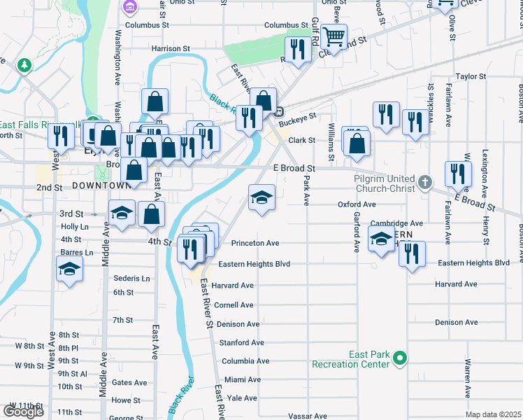 map of restaurants, bars, coffee shops, grocery stores, and more near 650-698 East River Street in Elyria