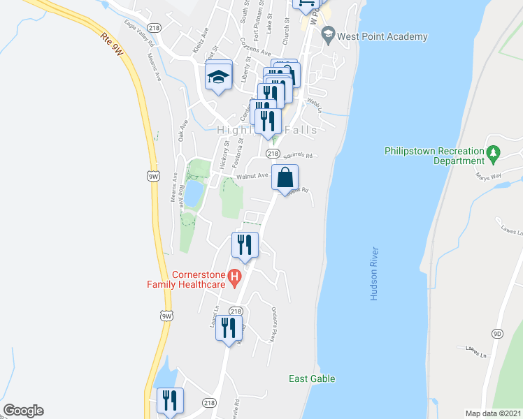 map of restaurants, bars, coffee shops, grocery stores, and more near 185 Main Street in Highland Falls
