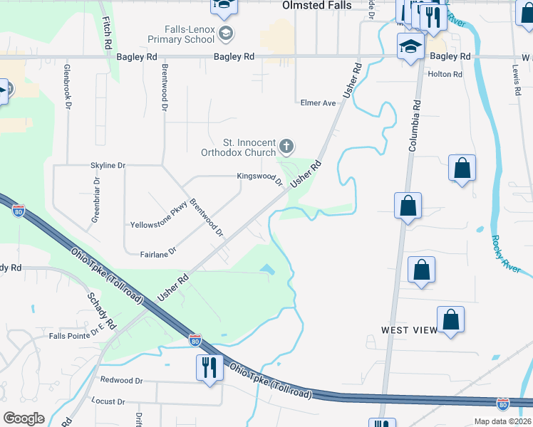 map of restaurants, bars, coffee shops, grocery stores, and more near 8671 Usher Road in Olmsted Falls