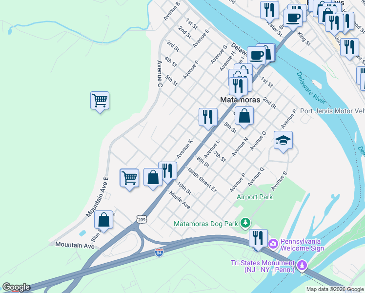 map of restaurants, bars, coffee shops, grocery stores, and more near 121 Robert Rd in Matamoras