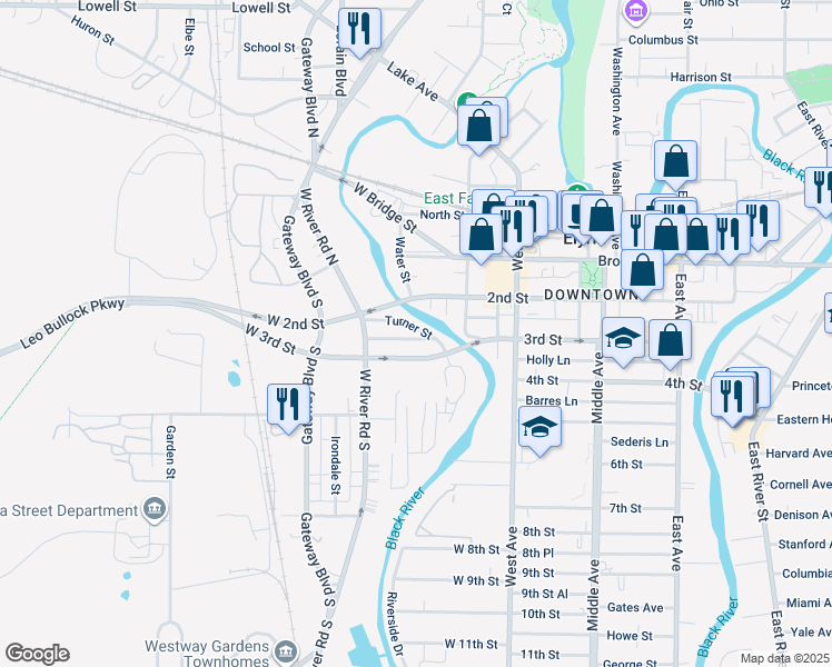 map of restaurants, bars, coffee shops, grocery stores, and more near 536 Turner Street in Elyria